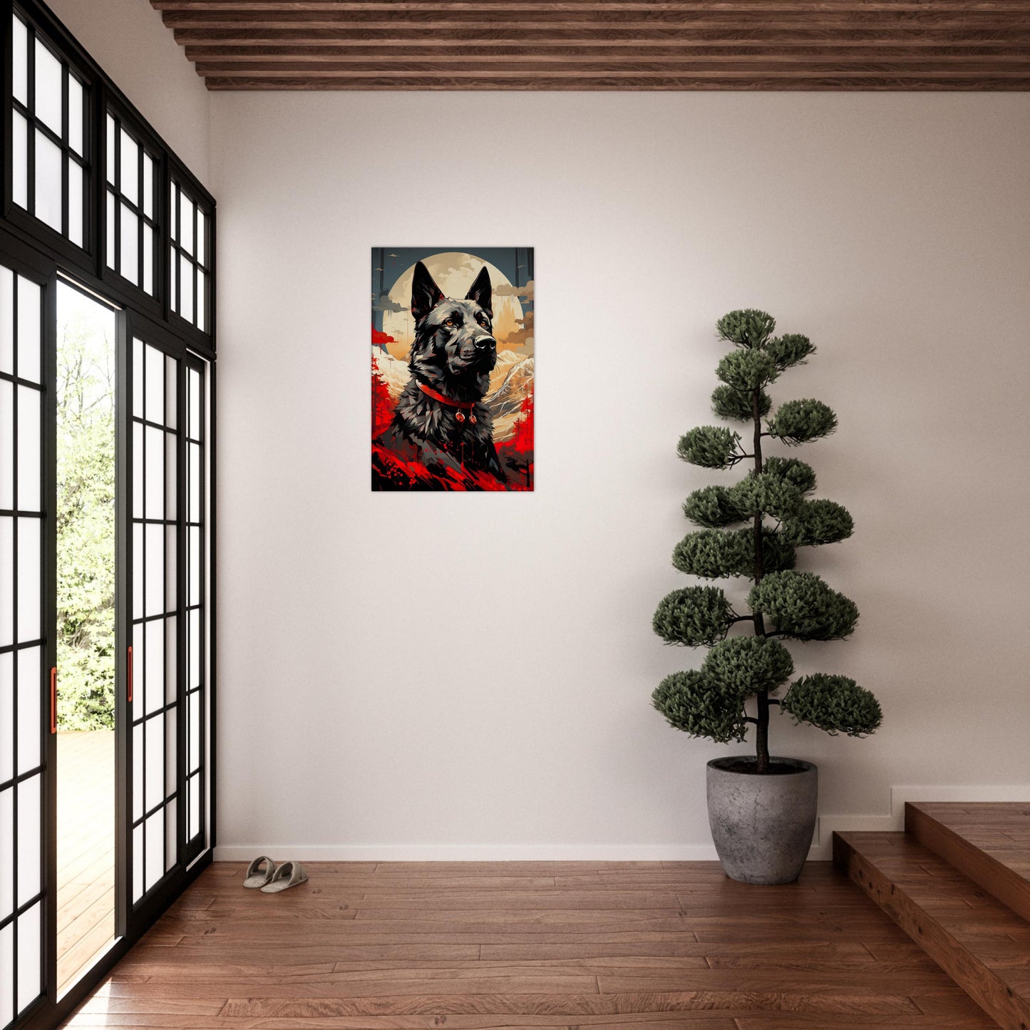 Blossom Blade™ canvas in 50x75 cm showing AI-generated samurai dog print