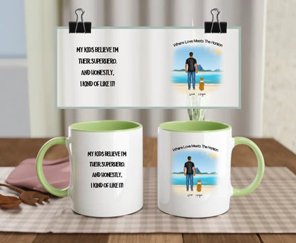 Front 11oz Coloured Green: Personalised Dog Dad Mug – Front View Green Mug 11oz Beach Family Edition for Single Parents