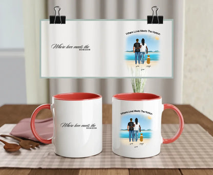 Front 11oz Coloured Red: Personalised Dog Lover Mug – Front View Red Mug 11oz Beach Family Edition for Gay Couples