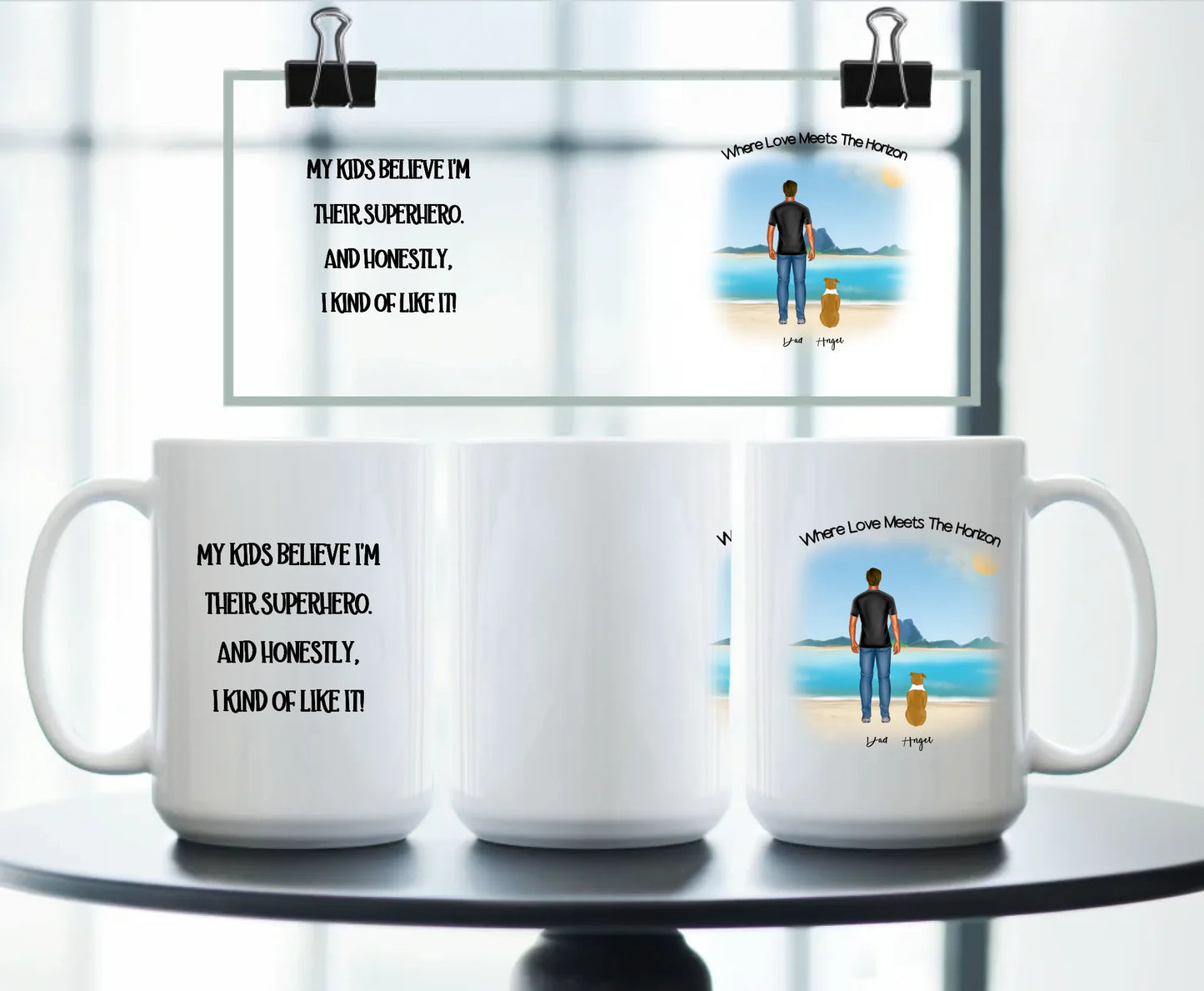 Front & Back 15oz: Personalised Dog Dad Mug – Full Front and Back View 15oz Beach Family Edition for Single Parents