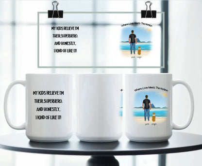 Front & Back 15oz: Personalised Dog Dad Mug – Full Front and Back View 15oz Beach Family Edition for Single Parents