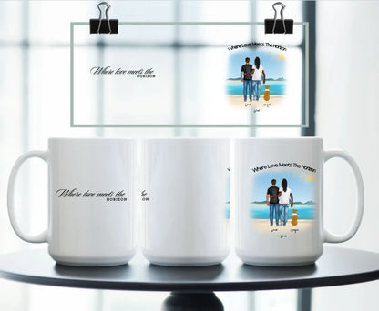 Front & Back 15oz: Personalised Dog Lover Mug – Full Front and Back View 15oz Beach Family Edition for Gay Couples