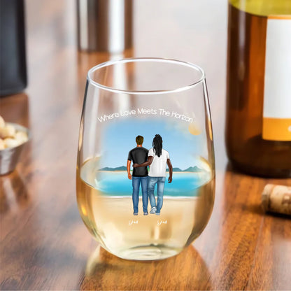 Front & Back: Personalised Beach Family Wine Glass – Full Front and Back View Him & Him Edition